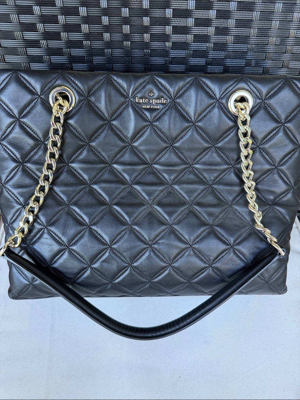 kate spade Black Quilted Leather Tote with Gold Chain Straps